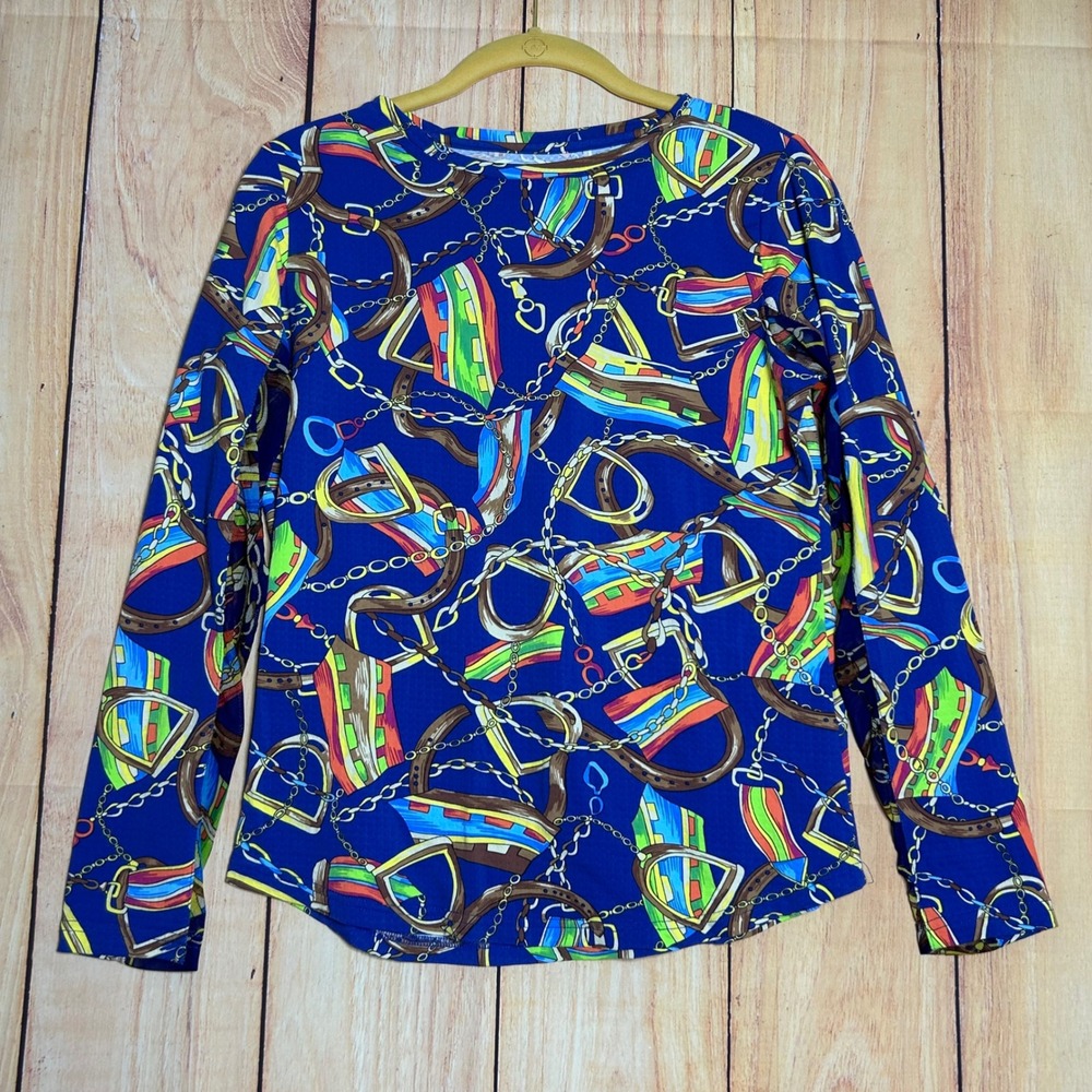 Icikuls Sun Shirt Womens Medium Blue‎ Equestrian Print Mesh Panel Golfcore